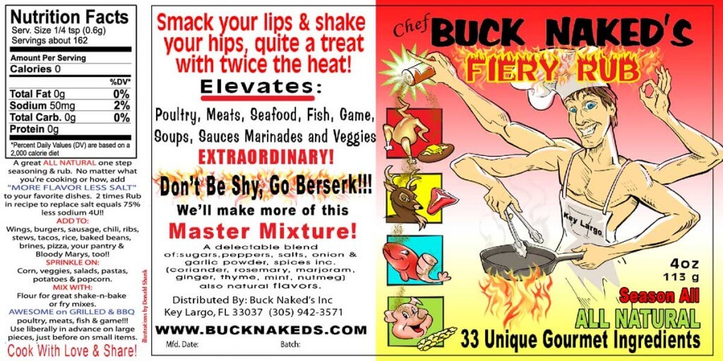 Label of Buck Naked's Fiery Rub