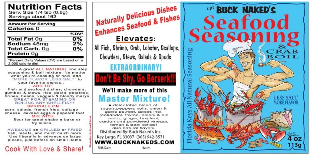 Label of Buck Naked's Seafood Seasoning