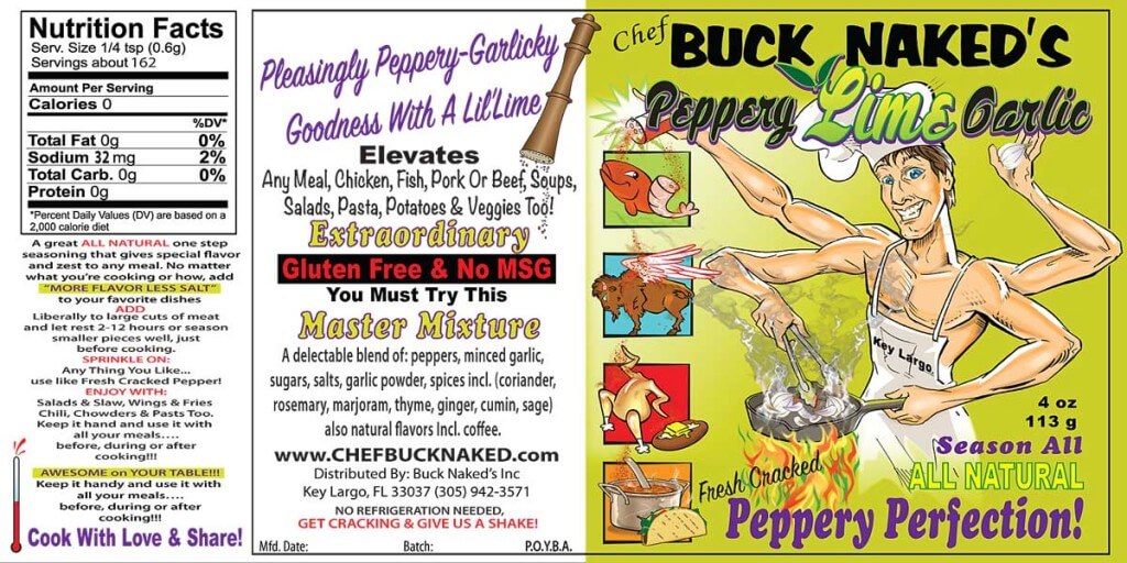Label of Buck Naked's Peppery Lime Garlic